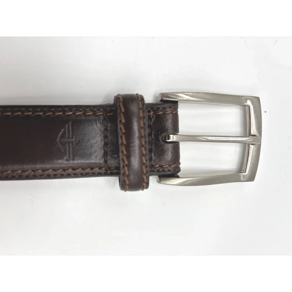 Dockers Men's Brown Leather Belt Size 44 Silver-Tone Buckle Contrast Stitching